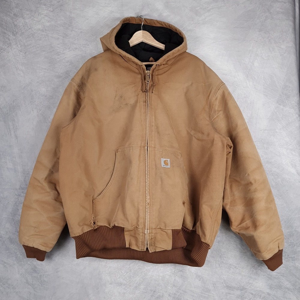 Carhartt Jacket Mens 2XL Brown Duck Canvas Flannel Lined Hooded Jacket J140 USA